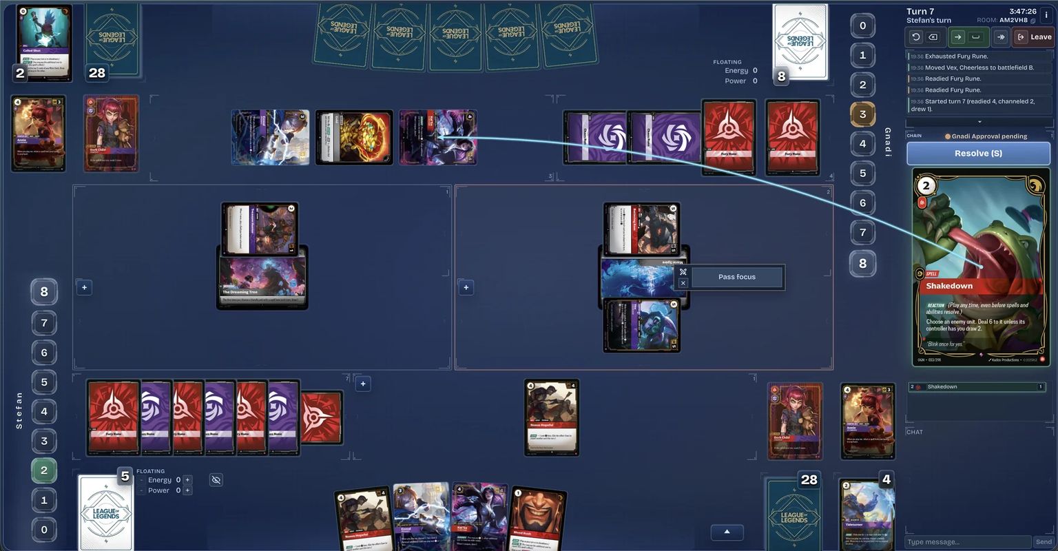 Rift Atlas simulator board showing both players, their cards and hands, and the match controls.